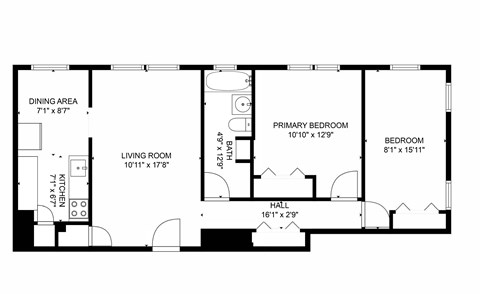 Floor plan for 2 beds, 1 bath, 700 sqft